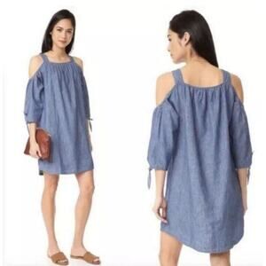 Madewell Women's Chambray Cold-Shoulder Dress Linen Blend 3/4 Sleeve Blue SZ XS